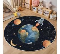HASLEFND Tapis pour Enfant Rond 60cm - Tapis Doux et Douillet - pour Salon - Tapi pour Filles - Chambre à Coucher - Chambre d'enfant - Tapi Fin - Univers des Dessins animés Planète Terre fusée