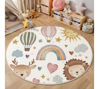 HASLEFND Tapis Rond ø 120cm, Jaune pâle avec Peu de Éléments enfantins Montgolfière, Arc-en-Ciel, Soleil, Tapis pour Chambre d'enfant, Salon, Salle à Manger, Chambre à Coucher, Sol, canapé