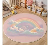 HASLEFND Tapis Rond ø 120cm, Rose avec Peu de Dessin animé Mignon Arc-en-Ciel Nuages Étoiles, Tapis pour Chambre d'enfant, Salon, Salle à Manger, Chambre à Coucher, Sol, canapé