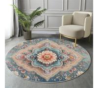 HASLEFND Tapis Rond 120cm Lavable Machine, Moquette Antidérapante Poil Bas Style Mandala Wind, Motif Fleurs Roses Doux pour Salon, Chambre, Cuisine, Nursery, Bureau Bleu