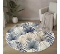 HASLEFND Tapis Rond 120cm Tapis de Sol Décoratif Doux et Confortable Style Tropical Fougères à Feuilles de Palmier Antidérapant pour la Chambre à Coucher, Bleu foncé
