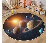 HASLEFND Tapis Rond 160cm, Jaune Bleu avec Peu de Univers Galaxie Planète Terre Soleil, Tapis pour Chambre d'enfant, Salon, Salle à Manger, Chambre à Coucher, Sol, canapé
