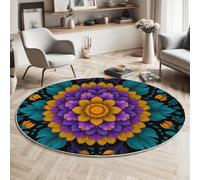 HASLEFND Tapis Rond 180cm Lavable Machine, Moquette Antidérapante Poil Bas Style Mandala Wind, Motif Grandes Fleurs Doux pour Salon, Chambre, Cuisine, Nursery, Bureau Violet