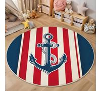 HASLEFND Tapis Rond Chambre Enfant Bebe Fille Garcon Ancre à Rayures Rouges Lavable en Machine Style Nautique Classique pour Décoration Salle à Manger Chambre Canapé Chambres d'enfant Bleu foncé