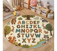 HASLEFND Tapis Rond Doux et Mignon à Poils Courts pour Chambre d'enfant Garçons et Filles - Tendances en matière d'éducation des Enfants Alphabet des Animaux ratons laveurs - 80cm - Brun-Vert