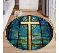 HASLEFND Tapis Rond Église de Style européen 80cm, Vitrail avec Une Croix Chic Lavable en Machine pour Salon, Antidérapant, Imprimé pour Salle à Manger, Chambre d’Enfant, Nurserie, Bleu