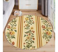 HASLEFND Tapis Rond Style rétro européen 100cm, Rayures Florales en Forme de Vigne Chic Lavable en Machine pour Salon, Antidérapant, Imprimé pour Salle à Manger, Chambre d’Enfant, Nurserie, Beige