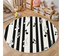 HASLEFND Tapis Rond Thème Musical Notes de Musique à Rayures Noires et Blanches avec Envers antidérapant et Lavable pour Chambre à Coucher, Salon, Chambre d'enfant, Chambres d'enfant - Noir - 180cm