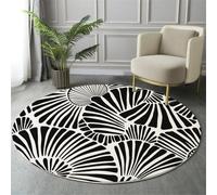 HASLEFND Tapis Salon Rond Diamètre 180cm, Lignes abstraites Coquille en Forme d'éventail, Tapis Doux Antidérapant pour Décoration Salle à Manger Chambre Canapé Cuisine Chambre d'enfant, Noir et Blanc