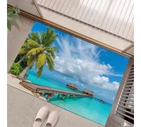 HASLEFND Welcome Paillasson, Bleu Style Plage Tropicale Plage avec Promenade en Bois Tapis de Sol Douces, décoration de la Maison,Tapis de Sol pour intérieur et extérieur, 45 x 75 cm