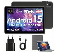 Hasskya Tablette 10 Pouces avec étui, Tablette Android 15, 18 Go RAM+128 Go ROM (Extensible Jusqu'à 1 to), Compatible Widevine L1/6000 mAh/T310 Octa-Core/Wi-FI 5/Face ID/GSM/Double caméra 5Mpx+8Mpx