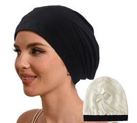 Hat Hut Bonnet de Nuit 100% Soie de Mûrier pour Cheveux Bouclés, Bonnet Souple de 19MM Soie pour Dormir Femme Homme (FR/ES, Alpha/Lettres, Taille Unique, 1-Noir)
