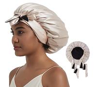 Hat Hut Bonnet de Nuit en Satin de Soie pour Cheveux Bouclés Dormir - Bonnet Réversible à Deux Couches avec Bande à Nouer pour Femmes (FR/ES, Alpha/Lettres, Taille Unique, Champagne/Noir)