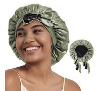 Hat Hut Bonnet de Nuit en Satin de Soie pour Cheveux Bouclés Dormir - Bonnet Réversible à Deux Couches avec Bande à Nouer pour Femmes (FR/ES, Alpha/Lettres, Taille Unique, Vert Olive/Noir)