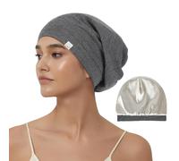 Hat Hut Bonnet de Nuit pour Dormir, Bonnet de Sommeil Doublés en Soie Satin Réglable pour Cheveux Bouclés, Extra Larges, pour Femme et Homme (FR/ES, Alpha/Lettres, L, Gris Foncé)