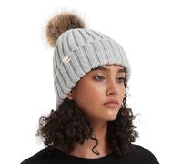 Hat Hut Bonnet d'hiver à Pompon pour Femme avec Doublure en Satin - Bonnet en Tricot Chaud et épais, Pom Pom Beanie Bobble Hat (FR/ES, Alpha/Lettres, Taille Unique, A5-Gris)