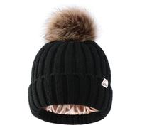 Hat Hut Bonnet Enfant d'hiver Doubles Pompons, Bonnet Doublé en Satin pour Cheveux, bébé Chaud Chapeau Tricoté Doux Beanie Garçons Filles (FR/ES, Alpha/Lettres, Taille Unique, A1-Noir)