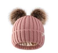 Hat Hut Bonnet Enfant d'hiver Doubles Pompons, Bonnet Doublé en Satin pour Cheveux, bébé Chaud Chapeau Tricoté Doux Beanie Garçons Filles (FR/ES, Alpha/Lettres, Taille Unique, B3-Rose 2 Poms)