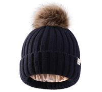 Hat Hut Bonnet Enfant d'hiver Doubles Pompons, Bonnet Doublé en Satin pour Cheveux, bébé Chaud Chapeau Tricoté Doux Beanie Garçons Filles (FR/ES, Alpha/Lettres, Taille Unique, A5-Bleu Marine)