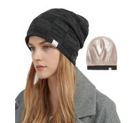 Hat Hut Bonnet Tricoté pour Femme Homme, Bonnet d'hiver Doublé de Satin pour Cheveux Bouclés, Souple Chaud Slouchy Beanie, Légère, Unisexe (FR/ES, Alpha/Lettres, Taille Unique, Noir)