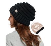 Hat Hut Femme Bonnet d'hiver doublé de Satin, Bonnet en Tricot Chaud et épais, Tricot torsadé Chapeaux d'hiver pour Cheveux, Slouch Beanie (FR/ES, Alpha/Lettres, Taille Unique, Noir)