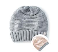Hat Hut Femme Bonnet d'hiver doublé de Satin, Bonnet en Tricot Chaud et épais, Tricot torsadé Chapeaux d'hiver pour Cheveux, Slouch Beanie (FR/ES, Alpha/Lettres, Taille Unique, Gris Clair)