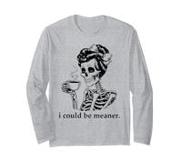 Hate People I Could Be Meaner Skeleton Drinking Coffee Skull Manche Longue