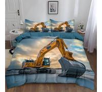 HATEGE Housse de Couette 200x200 Pelle Mécanique, Camion de Chantier Parure de Lit Réversible 3D Housse Couette 1 Personne Microfibre, 2 Taies d'oreiller 65x65 cm avec Fermeture Éclair 3197-ABC