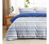 HATEGE Housse de Couette 200x200 Rayures, Bleu et Gris Parure de Lit Réversible, 3D Housse Couette Microfibre Ensemble de Literie 2 Taies d'oreiller 65x65 cm 4421-ABC