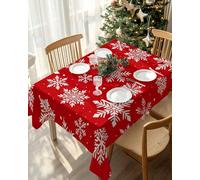 HATEGE Nappe Rectangulaire Noël 150x250 cm Nappe Rouge en Tissu Polyester Imperméable, Anti Tache Nappes Flocons de Neige Blancs, pour Cuisine Anniversaire Exterieur Jardin A-3225
