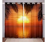 HATEGE Rideau Occultant Vue sur Mer Imprimé 3D Rideaux Occultants Lever de Soleil Thermiques Isolants Anti Froid Lot de 2 Rideaux à Oeillets 117x230 cm (LxH)