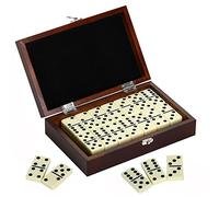 Hathaway Ensemble de dominos haut de gamme pour adultes et enfants - avec étui de transport en bois, 28 dominos doubles six ivoire avec picots noirs, étui en noyer doublé en feutre et loquet en nickel