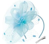 HATOFES Serre-tête bibi à plumes et fleurs pour femme, couvre-chef de course Royal Ascot Pilulier Mariage Cocktail Thé Fête Derby Chapeau pour femme, B5 - Bleu clair, Taille unique