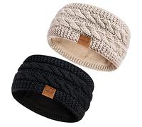 Hatromm Lot de 2 bandeaux d'hiver pour femme en laine tricotée épaisse doublée en polaire, bandeaux pour cheveux de femme par temps froid et chaud (noir + flocons d'avoine)