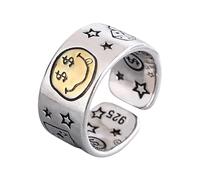 Hattba Bague vintage avec motif visage souriant et étoiles - Bague réglable pour les amateurs de mode et les amateurs de rétro