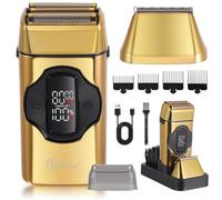 Hatteker Rasoir Électrique 2 en 1 Homme, Rasoir à lame & Tondeuse, Tête magnétique, Tête amovible, 3 Vitesses, Étanche IPX7, Rasage Humide/sèche, Grand Écran LED, Charge USB-C & Base (Doré)