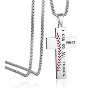 HattiDoris Collier avec pendentif en forme de croix de baseball pour garçons - Chaîne en acier inoxydable de 55,9 + 5,1 cm avec verset de la Bible Philippiens 4:13, Acier inoxydable, Pas de gemme