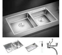 HaTur Evier de Cuisine en Acier Inoxydable Évier Double Bac avec 2 Trous de Montage Evier de Cuisine Kit, 78 * 43 * 20 cm (Argent)