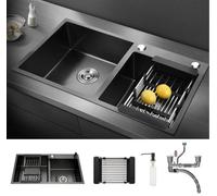 HaTur Evier de Cuisine en Acier Inoxydable Évier Double Bac avec 2 Trous de Montage Evier de Cuisine Kit, 78 * 43 * 20 cm (Noir)