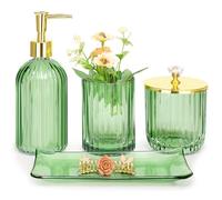 Haturi Ensemble d'accessoires de Salle de Bain en Verre Vert avec Distributeur de Savon, Porte-Brosse à Dents, Pot d'apothicaire, Plateau de Coiffeuse, décoration de Salle de Bain, Cadeau pour Maison