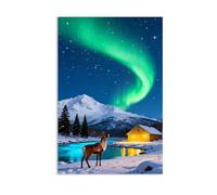 Hau3sh3a Aurore Boréale et Animaux Nocturnes sur Toile Ferme de rennes de nuit étoilée impression sur toile paysage nature Aurore Boréale poster Pour Mur du Salon salle de bain45x30cm(18x12in) poster