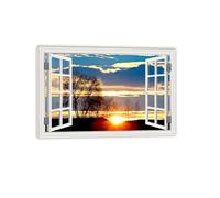 Hau3sh3a Impression sur Toile FenêTre Sunset Trees Winter Nature Tableau Fausse FenêTre D'Hiver Image sur Toile DéCoration Salon Murale Salle dde Bain Chambre à Coucher120x80cm(47x31in) Cadre