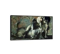 Hau3sh3a Impression sur Toile Franz von Stuck poster Samson Le combat avec le lion Reproductions de Tableaux Célèbres Décoration Murale pour Salon Galerie & Bureau50x30cm(20x12in) Cadre noir