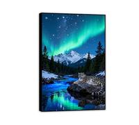Hau3sh3a Impression sur toileLéopard des neiges Bleu Ciel étoilé Vert Tableau Mural Decoration Salon Murale Moderne Aurore boréale Islande Neige Village Montagnes90x60cm(35x24in) Cadre noir