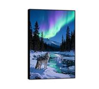 Hau3sh3a Impression sur toileLoup regardant les étoiles vert violet Tableau Mural Decoration Salon Murale Moderne Aurore boréale Islande Neige Village Montagnes90x60cm(35x24in) Cadre noir