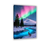 Hau3sh3a Tableau Aurore Boréale avec Animaux Impression sur Toile Lapin des neiges vert rose Polaire dans la Neige poster paysage d'hiver Décor Murale Salon et Chambre60x40cm(24x16in) cadre
