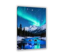 Hau3sh3a Tableau Aurore Boréale avec Animaux Impression sur Toile Renne Vue Nocturne Ciel Étoilé Bleu Polaire dans la Neige poster paysage d'hiver Décor Murale Salon et Chambre60x40cm(24x16in) cadre