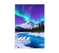 Hau3sh3a Tableau Aurore Boréale avec Faune Arctique Cèdre vert trois renards des neiges sur Toile Impression Affiches Tableau Lumière Polaire Décor Murin pour Salon et Chambre60x40cm(24x16in) poster