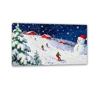 Hau3sh3a tableau décoration noël ski scène de nuit bonhomme Impression sur Toile Noël Scène de Neige Tableau Décoration Murale Salon Chambre Couloir Cadeau 30x52cm(12x21in) Cadre intérieur