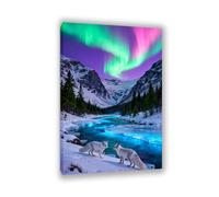 Hau3sh3a Tableau Grand Format Aurore Boréale avec Animaux Fox Play Vert Forêt impression sur toile paysage hiver tableaux decoration murale chambre salon90x60cm(35x24in) cadre